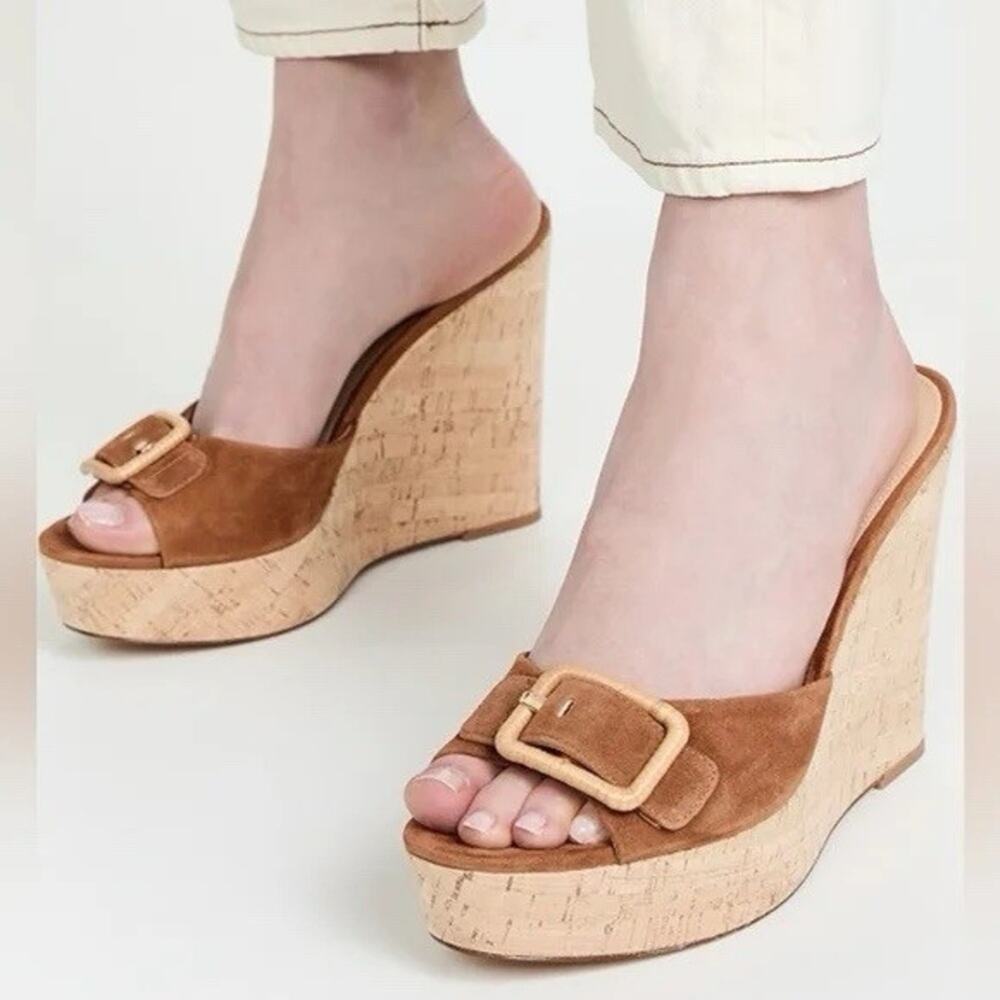 Veronica Beard Donata Brown Suede Leather Buckle Peep Toe Wedge Sandals Size 10